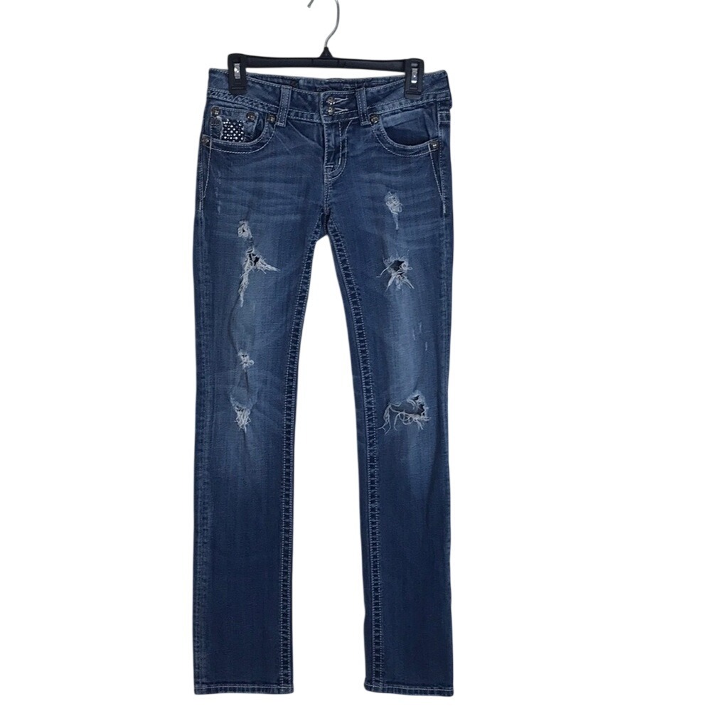 Miss Me Women's Distressed Embellished Straight Leg Jeans Blue Size 28